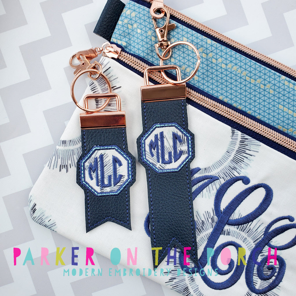 Digital Download- Monogram Flag Fobs KeyFob- Octagon - in the hoop machine embroidery ITH pattern