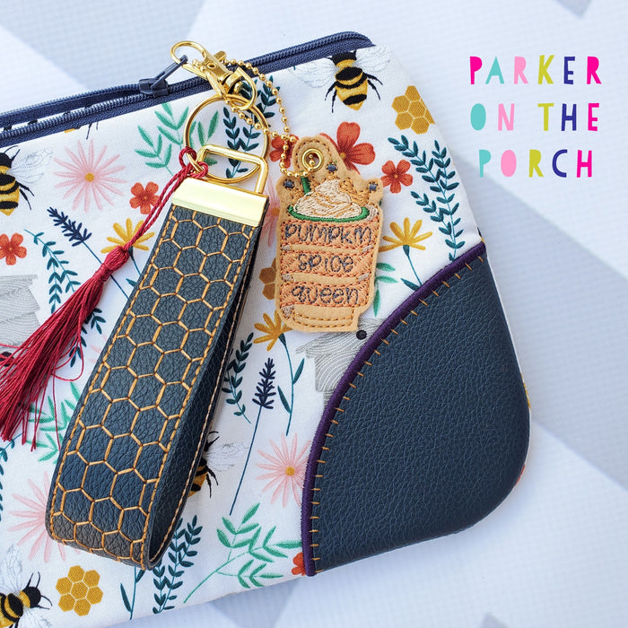 Clutch OG Top Zipper Bag, Basic Fall Charm Set, Pumpkin Spice Queen Snaptab, Basket Weave Stipple, Chevron Wave Stipple, and Leaves Motif Supply List - Parker on the Porch