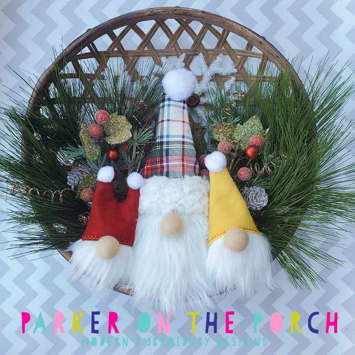 Gnome Wreath Stuffie and Embroidery Hoop Gnome Ornaments Supply List - Parker on the Porch