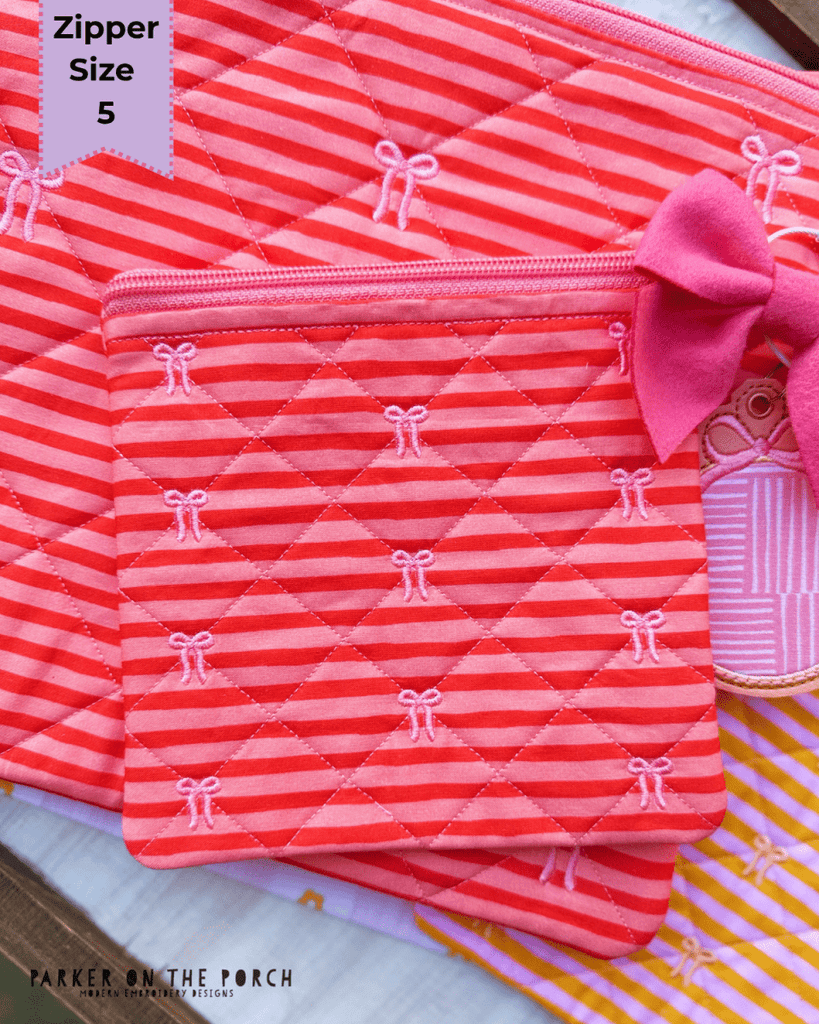 Quilted Bow Zipper Bag – Zipper Size 5 Top Zip - Digital Download - In the Hoop Embroidery Pattern – Digital Machine Embroidery File Parker on the Porch