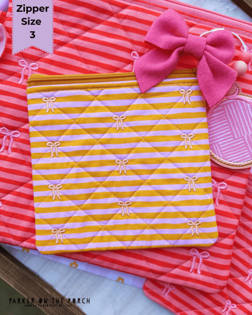 Quilted Bow Zipper Bag – Zipper Size 3 Top Zip - Digital Download - In the Hoop Embroidery Pattern – Digital Machine Embroidery File Parker on the Porch