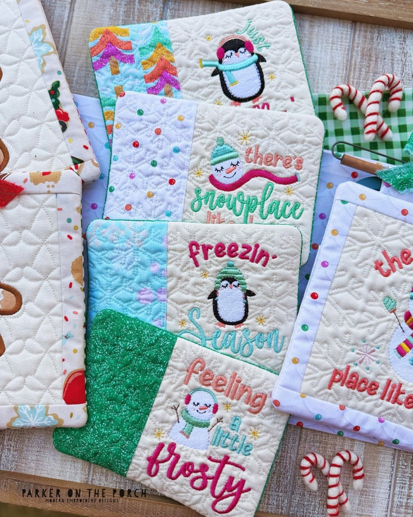 Frosty Friends Mug Rug Bundle – Digital Embroidery Pattern Download - In the Hoop Embroidery Pattern – Digital Machine Embroidery File Parker on the Porch