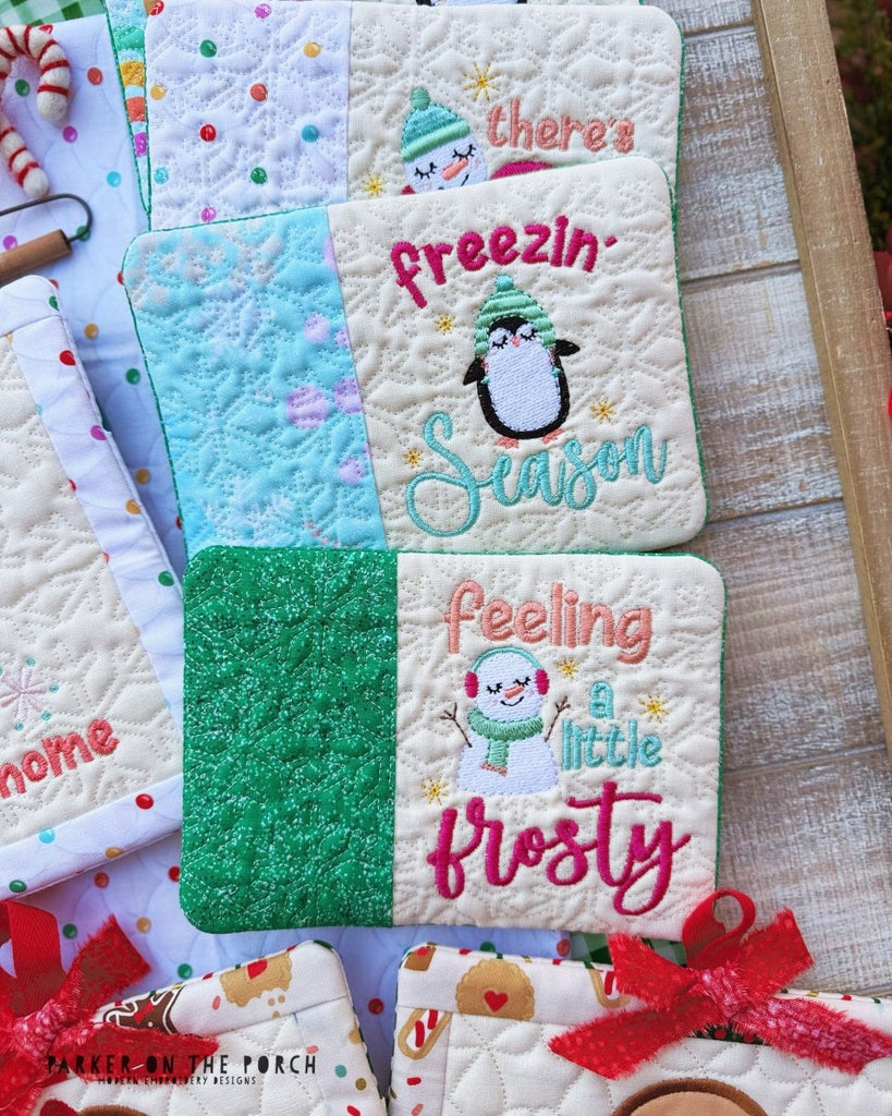 Frosty Friends Mug Rug Bundle – Digital Embroidery Pattern Download - In the Hoop Embroidery Pattern – Digital Machine Embroidery File Parker on the Porch