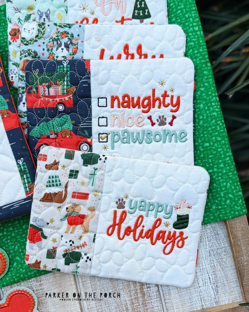 Furry & Bright Mug Rug Bundle – Digital Embroidery Pattern Download - In the Hoop Embroidery Pattern – Digital Machine Embroidery File Parker on the Porch