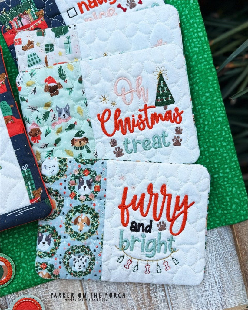 Furry & Bright Mug Rug Bundle – Digital Embroidery Pattern Download - In the Hoop Embroidery Pattern – Digital Machine Embroidery File Parker on the Porch