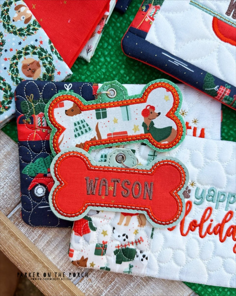 Applique Dog Bone - Bag Tag - Digital Embroidery Pattern Download - In the Hoop Embroidery Pattern – Digital Machine Embroidery File Parker on the Porch