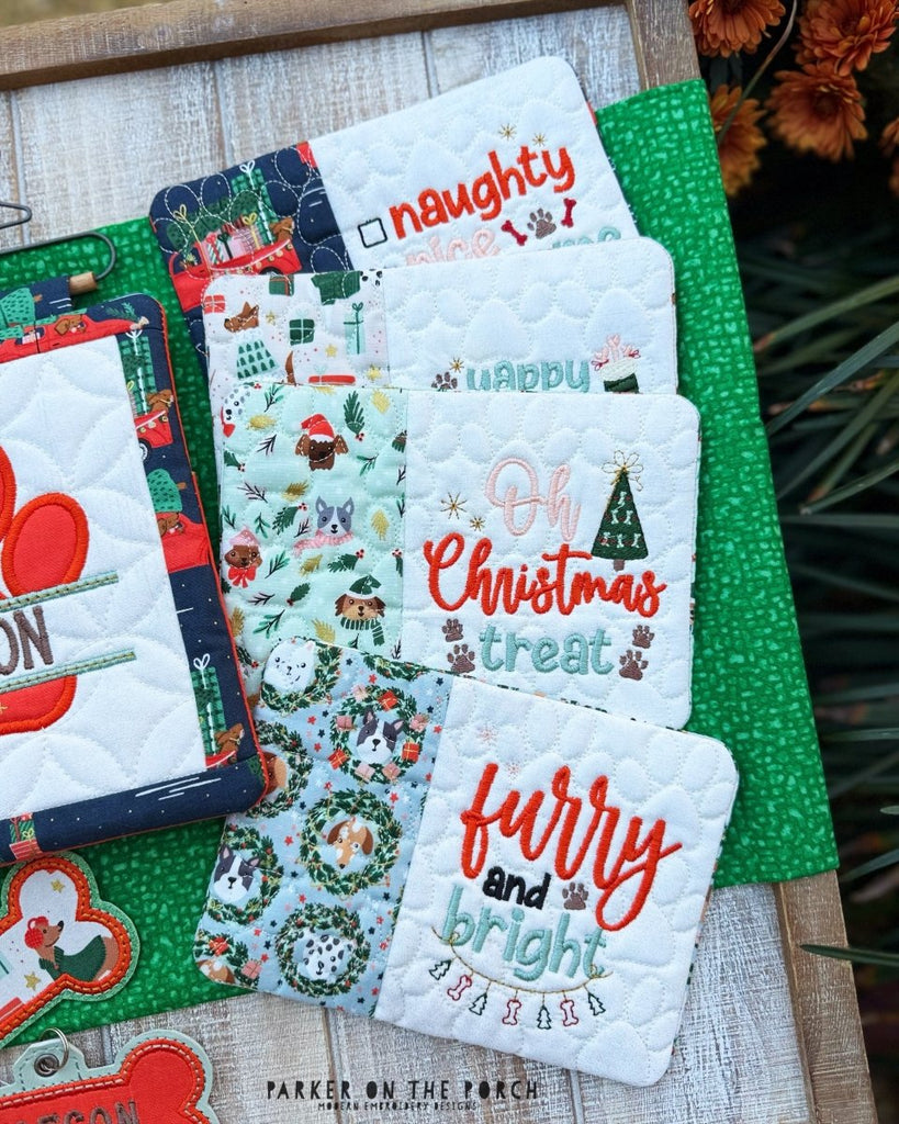 Furry & Bright Mug Rug Bundle – Digital Embroidery Pattern Download - In the Hoop Embroidery Pattern – Digital Machine Embroidery File Parker on the Porch