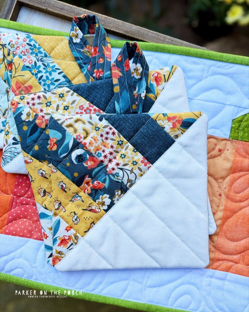 Scrappy Half Square Triangle Hot Pad – Digital Embroidery Pattern Download - In the Hoop Embroidery Pattern – Digital Machine Embroidery File Parker on the Porch
