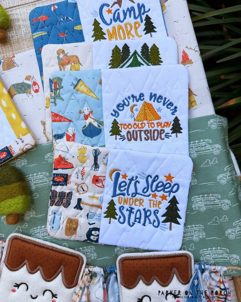 Let's Camp Mug Rug Bundle – Digital Embroidery Pattern Download - In the Hoop Embroidery Pattern – Digital Machine Embroidery File Parker on the Porch