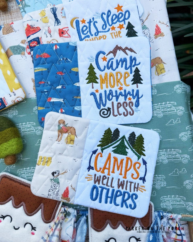 Let's Camp Mug Rug Bundle – Digital Embroidery Pattern Download - In the Hoop Embroidery Pattern – Digital Machine Embroidery File Parker on the Porch