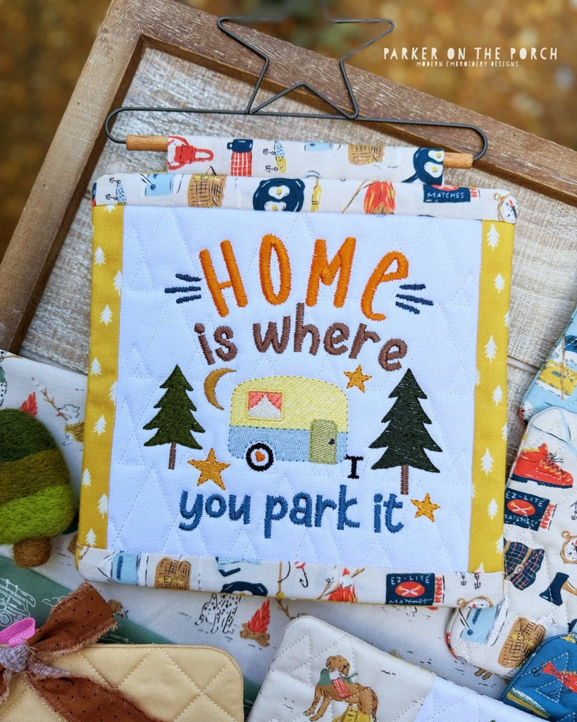 Let's Camp Mini Quilt Embroidery Pattern – Square Single Stand – Digital Download - In the Hoop Embroidery Pattern – Digital Machine Embroidery File Parker on the Porch