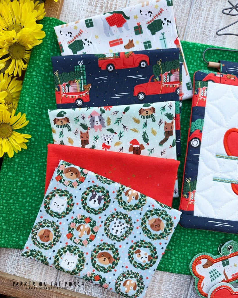 Fat Quarter Fabric Bundle - Merry Pawmas - Cotton + Steel Fabrics - In the Hoop Embroidery Pattern – Digital Machine Embroidery File Parker on the Porch