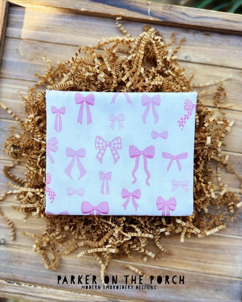 Tied With A Bow - Resplendent Ribbons - Ballerina Pink Fabric - RJR Fabrics - In the Hoop Embroidery Pattern – Digital Machine Embroidery File Parker on the Porch