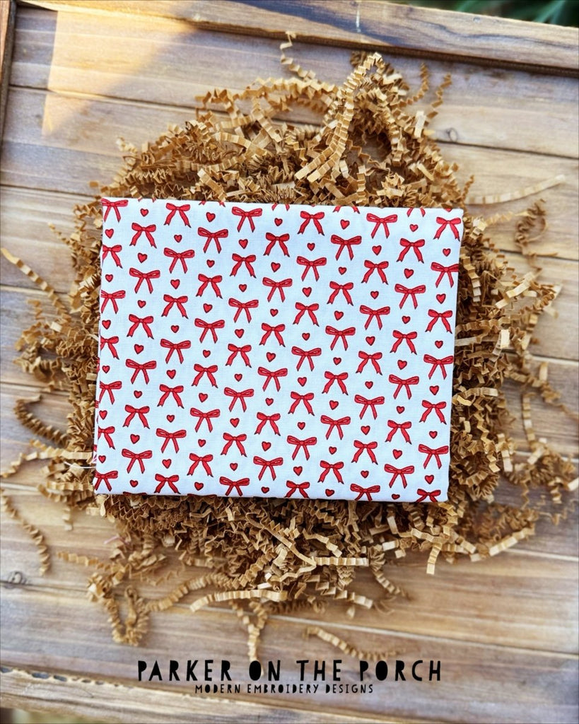 Tied With A Bow - With Love - Deep Red Fabric - RJR Fabrics - In the Hoop Embroidery Pattern – Digital Machine Embroidery File Parker on the Porch