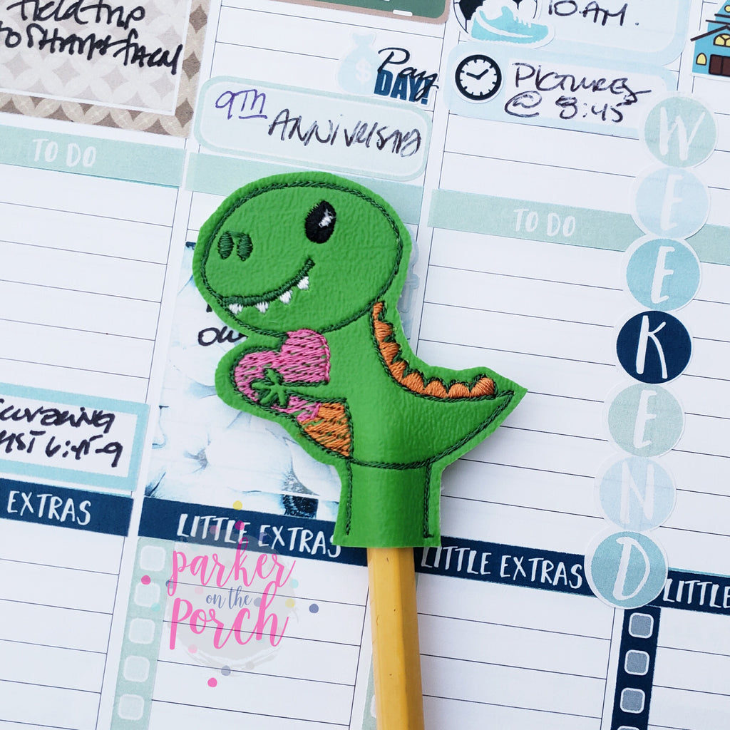 Digital Download- Dino Love Pencil Topper - in the hoop machine embroidery ITH pattern