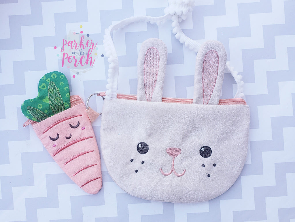 Digital Download - Top Zip Bunny Bag AND Carrot Coin Purse - in the hoop machine embroidery ITH pattern