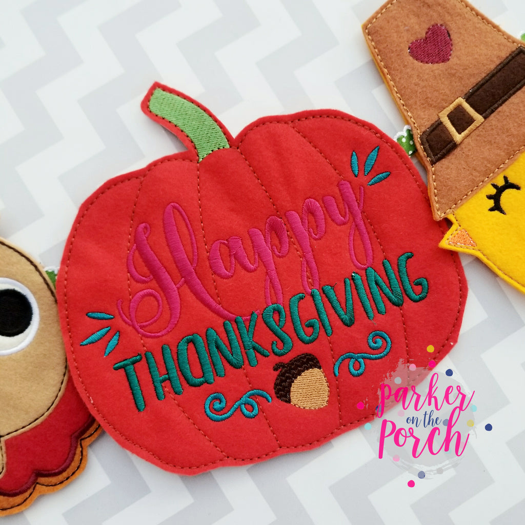 Digital Download- Happy Thanksgiving Pumpkin ITH Banner - in the hoop machine embroidery ITH pattern