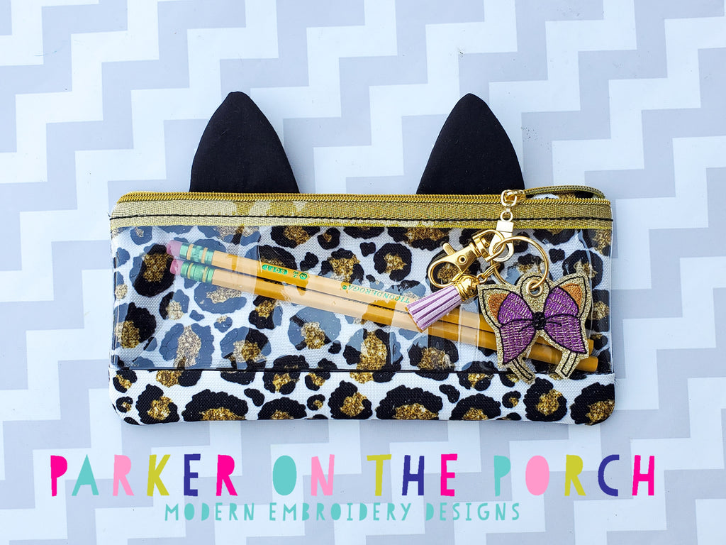 Digital Download - Kitty Top Zip Pencil Bag and Charm Bundle - in the hoop machine embroidery ITH pattern