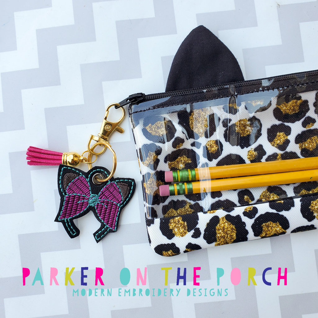 Digital Download - Kitty Top Zip Pencil Bag and Charm Bundle - in the hoop machine embroidery ITH pattern