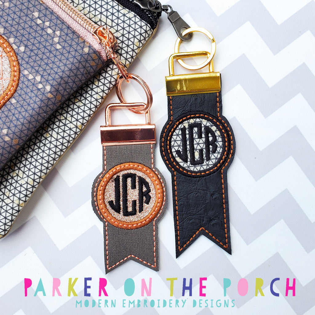 Digital Download- Monogram Flag Fobs KeyFob- Circle - in the hoop machine embroidery ITH pattern