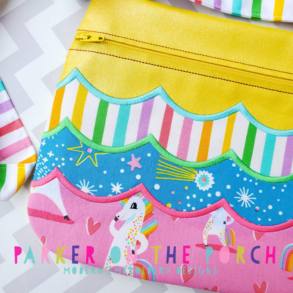 Digital Download- Front Zip- Scallop Zipper Bag - in the hoop machine embroidery ITH pattern